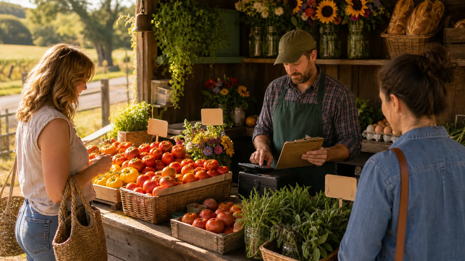 A grower checking a clipboard and calculator while customers shop a well-stocked farmstand