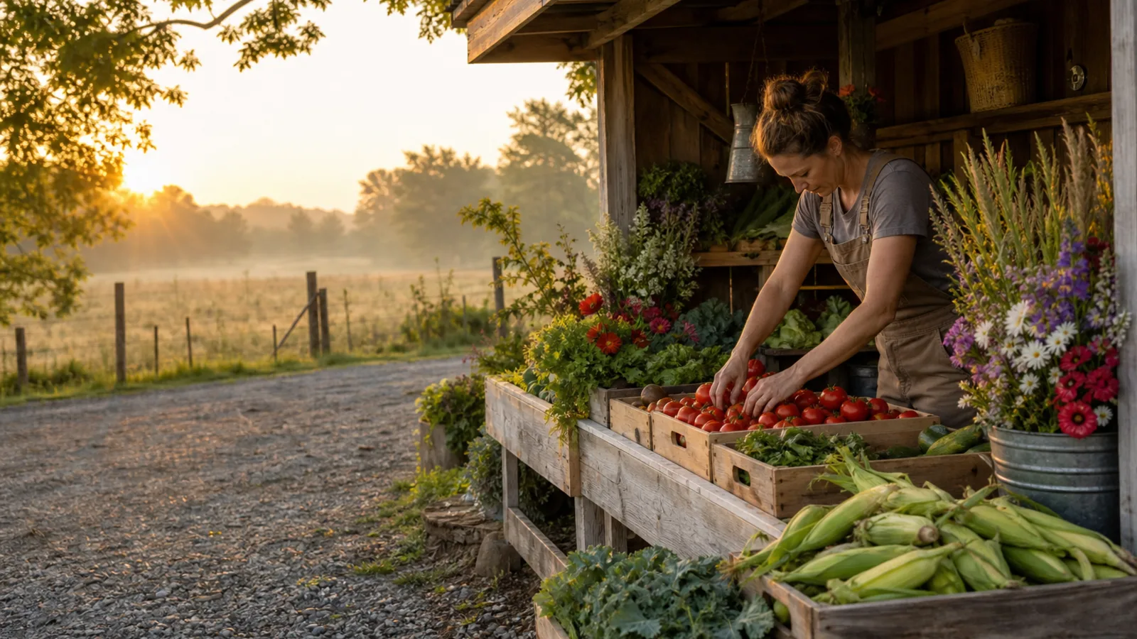 A grower arranging tomatoes, corn, greens, and flowers at a wooden roadside farmstand at sunrise