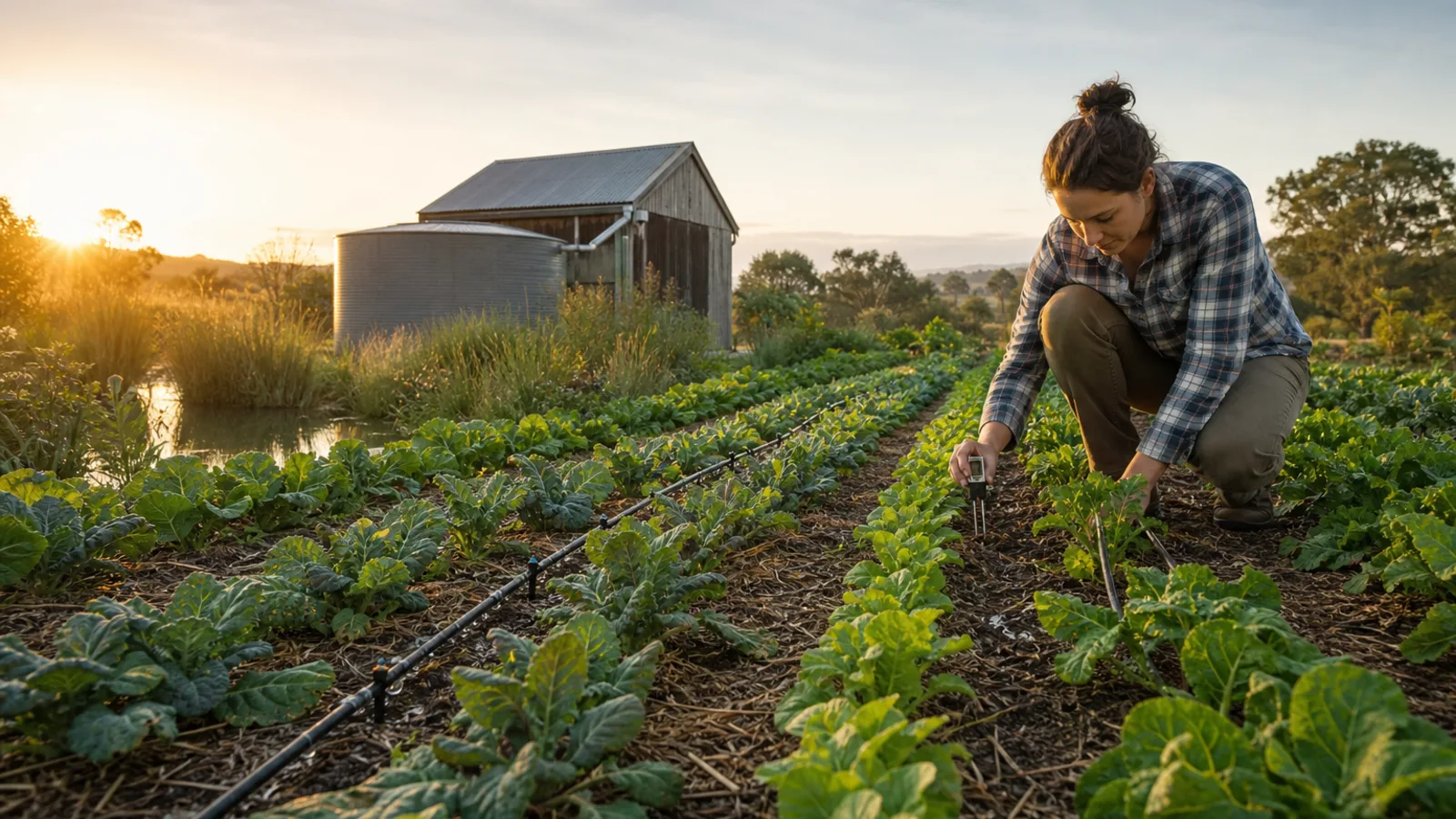 A grower checking soil moisture beside drip-irrigated vegetable rows, a rain tank, and a vegetated water channel
